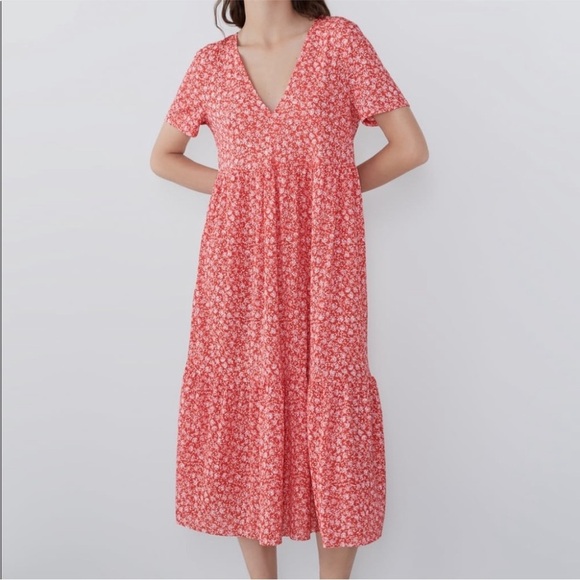 Zara red floral tiered midi dress small - Picture 1 of 9